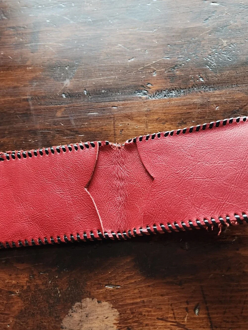 Vintage Hand Stitched Handmade Bright Red Leather Billfold Wallet Card Holder